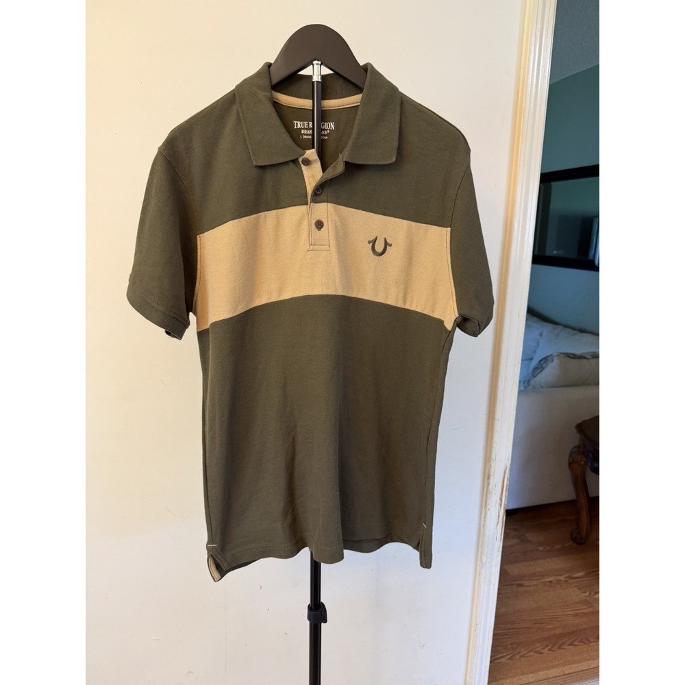 TRUE RELIGION Polo Shirt Mens Size L Green/ Beige